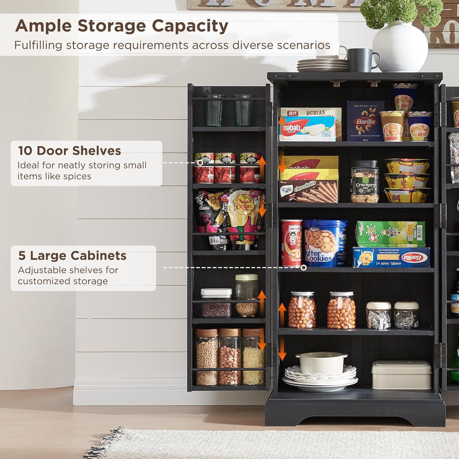 ACCOHOHO 47" Kitchen Pantry Cabinet, Farmhouse Storage Cabinet with Adjustable Shelves for Kitchen, Dining Room, Bathroom - Black