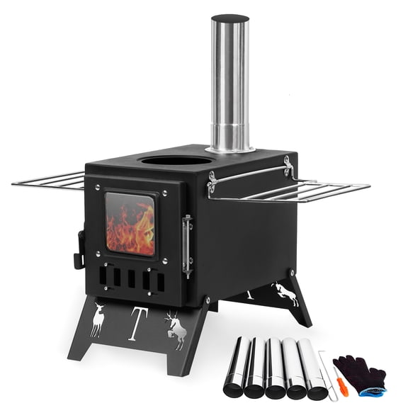 Eonox Folding Portable Wood Burning Stove for Camping, Tent Heater with 5 Pipes, Adjustable Air Vents, Visible Window for Outdoor Heating & Cooking