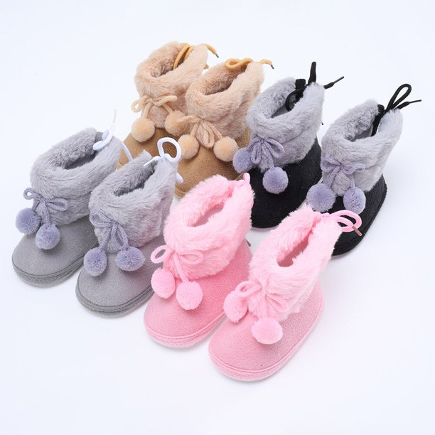 Winter Snow Baby Boots 4-Colors Warm Fluff Balls Indoor Cottton Soft Rubber Sole Infant Newborn Toddler Baby Shoes 2023Pink12(10.5cm) He Qiyong unisex