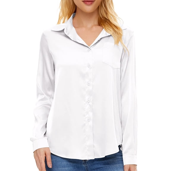 Needbo Women's Blouse Satin Silk Long Sleeve Button Down Shirts with Pocket Casual Work Office Top, White XS-3XL