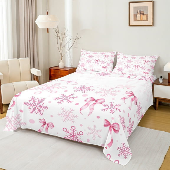 Homewish Ribbow Bow Tie Twin Sheet Sets,Cute Snowfalke Twin Fitted Sheet,Pink White Flat Sheet For Girls Kids,Ultra Soft Home Decor,3pcs