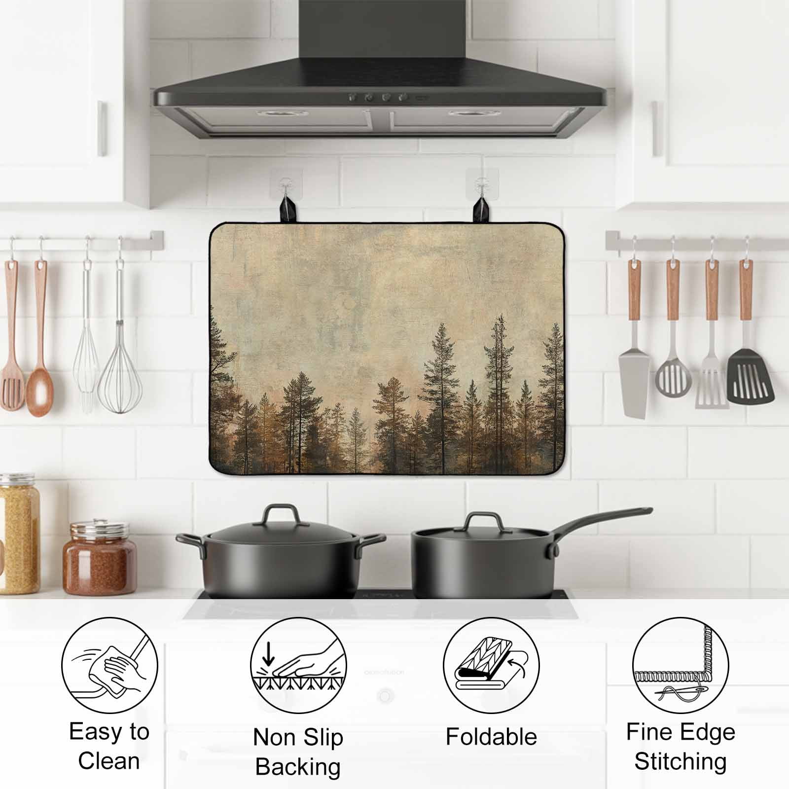 Brown Forest Stove Top Cover for Electric Stove, Heat-proof & Non Slip Glass Top Stove Cover Protector, Vintage Tree Farmhouse Botanical Kitchen Flat Cooktop Rubber Mat 24x21 Inches