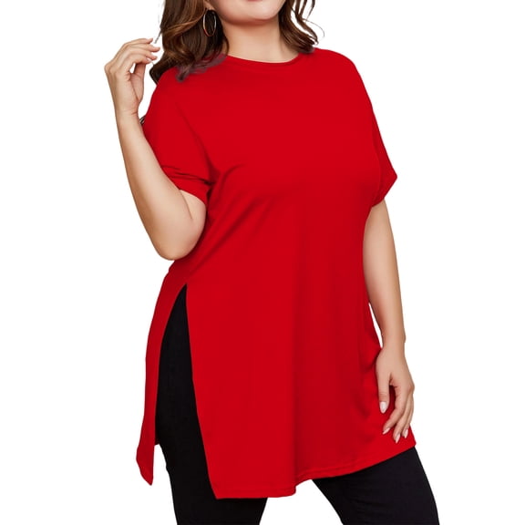 Oversized Tshirt Dress Women Crew Neck Side Slit Womens Blouses Loose Lightweight Casual Womens Summer Tops Short Sleeve
