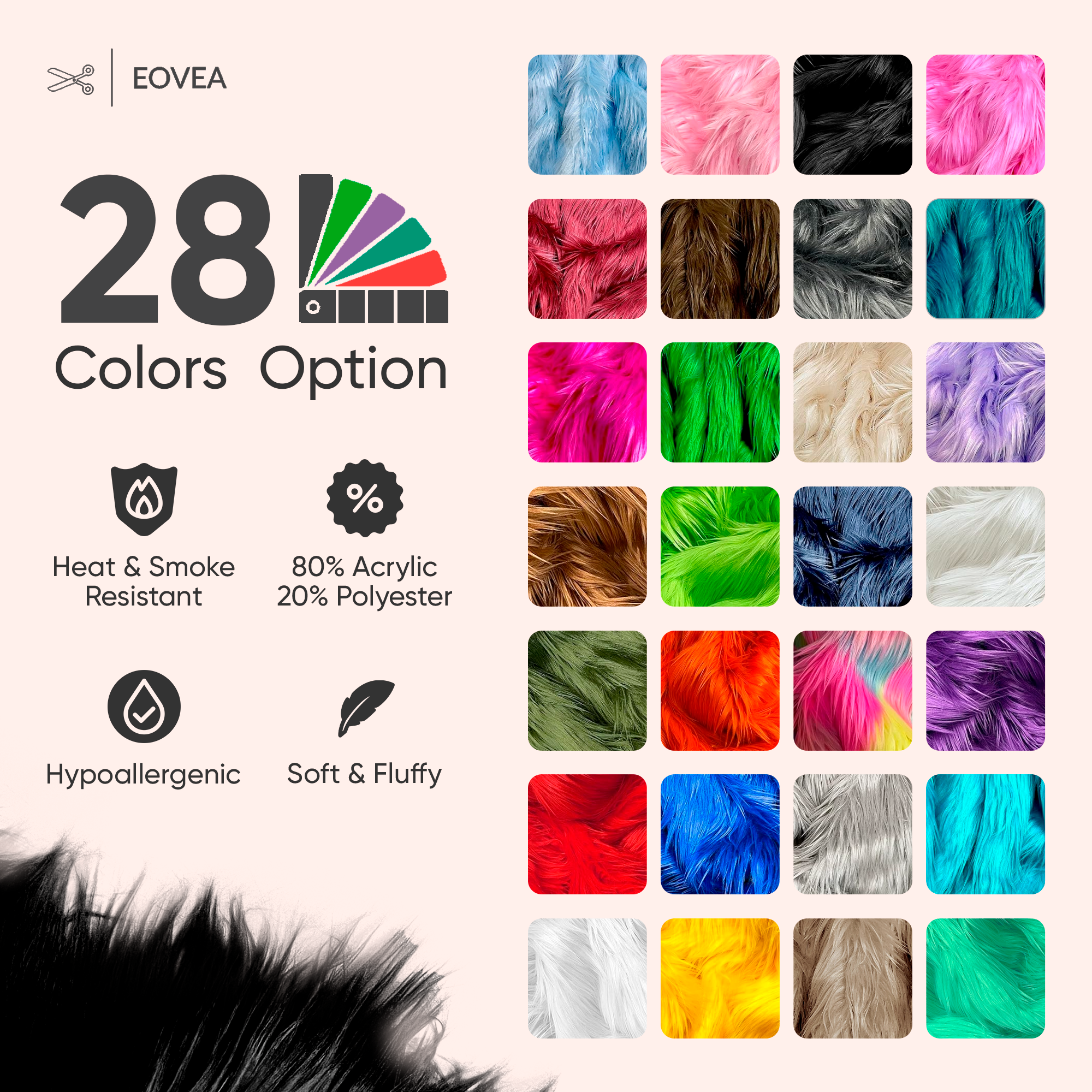 EOVEA Shaggy Faux Fur Fabric by The Yard - 36" X 60" Inch - Long Pile Fur - Fake Fur Materials - Soft & Fluffy Craft Fabric Supplies for DIY Arts & Crafts, Apparel, Costume, Rug (Black, One Yard)