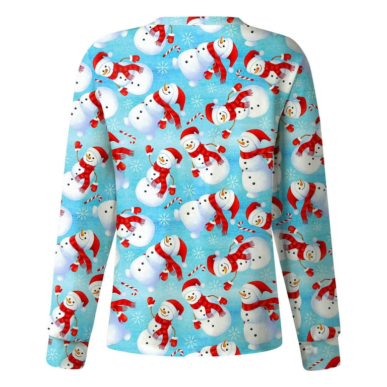 Ovticza Womens Scrubs Christmas Button Down Print Long Sleeve with