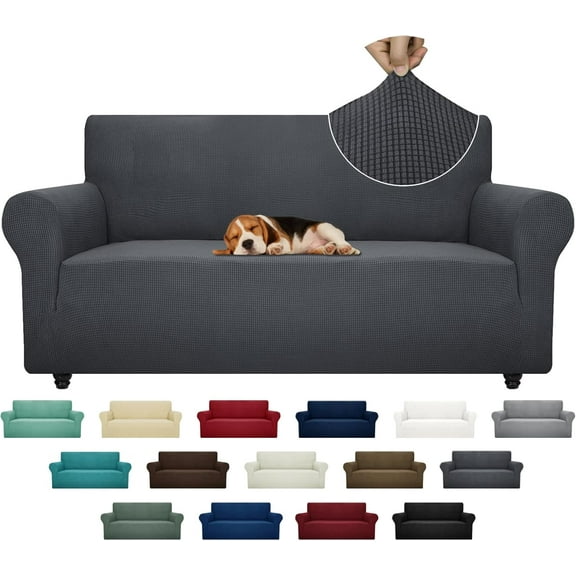 EnjinZZ Super Stretch Couch Cover (72"-92") Universal Sofa Covers with Elastic Bottom, Dog Cat Pets Friendly Washable Furniture Protector Fitted Sofa Slipcovers Stay in Place (Dark Grey, Sofa)