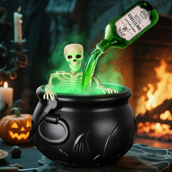 Magic Cauldron Halloween Decor with Magic Floating Potion Bottles and Diffuser - Black Plastic Witches Bowl Hocus Pocus Party Decoration for Spooky Vintage Home Kitchen Table