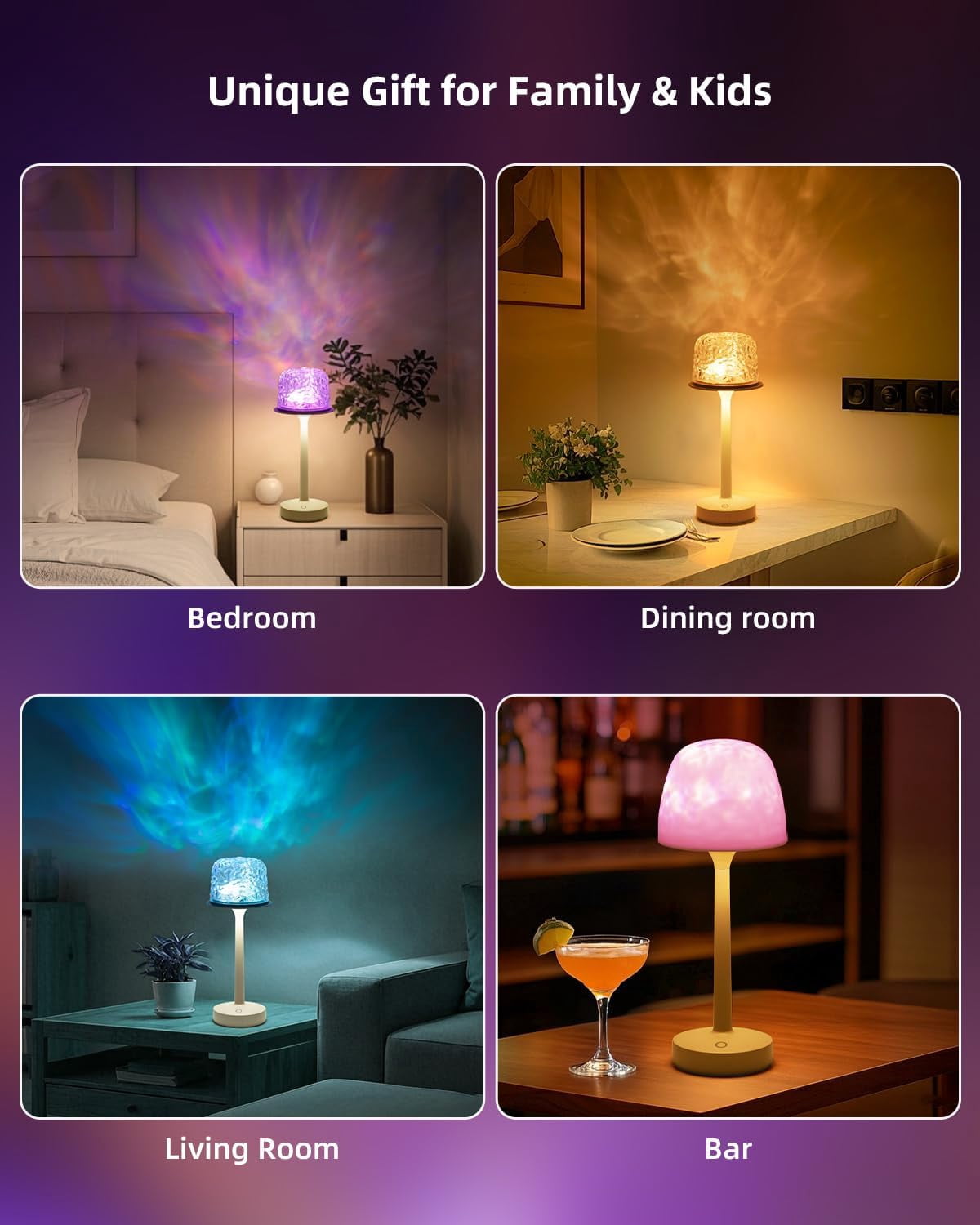 LOFTER-PRO Table Lamps, Ocean Wave Projector Light & Underwater Ripple Lamp – 2-in-1 Cordless Desk Lamp, Dual-Mode Ambient Lighting, USB , 16 Colors RGB, Touch/Remote Control for Bedroom, Living Room