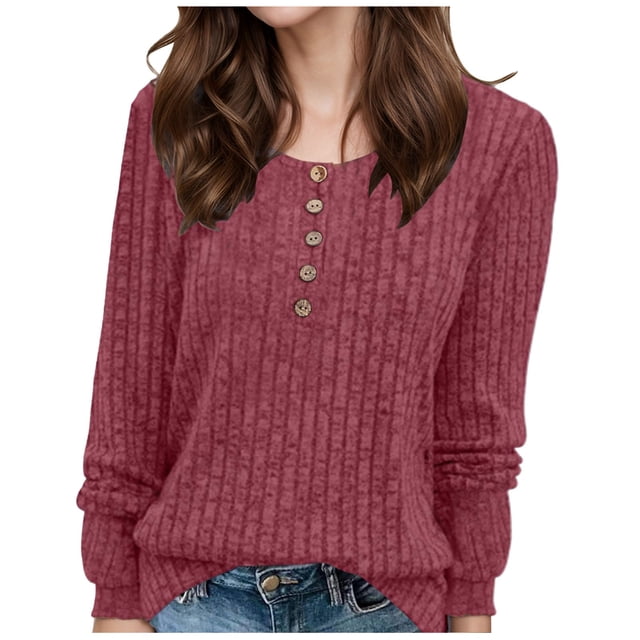 NINGMENG Womens Tops Solid Color Long Sleeve Tunic Crew Neck Sweaters Trendy Tops Pullover Tee Shirts Activewear,Red,L