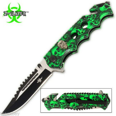 Green Skulls Zombie Slayer GRIP HANDLE ASSISTED OPENING RESCUE POCKET