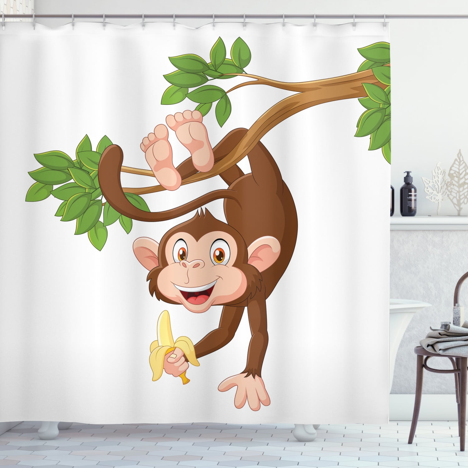 Cute Monkey in Jungle Fabric Shower Curtain Set Polyester Liner Bath Accessories 