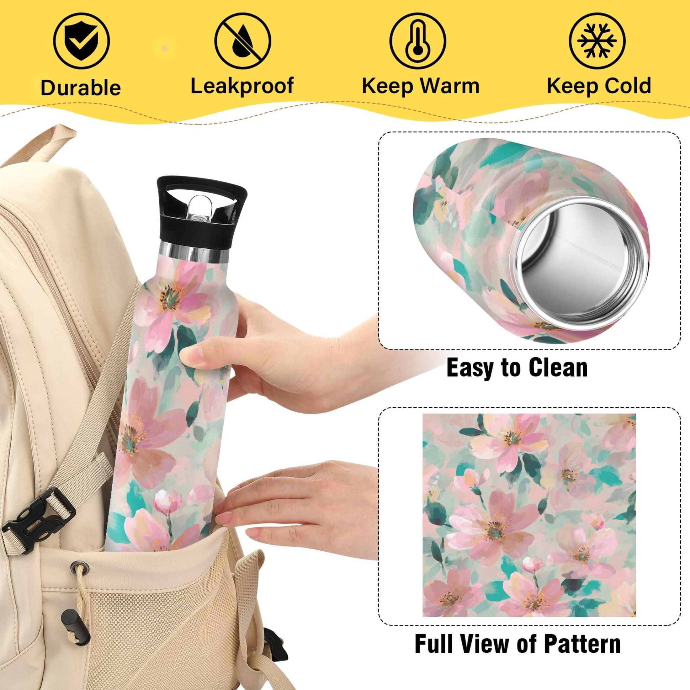 Kids Insulated Stainless Steel Sports Water Bottle 600ml (20oz) Coral Floral Print