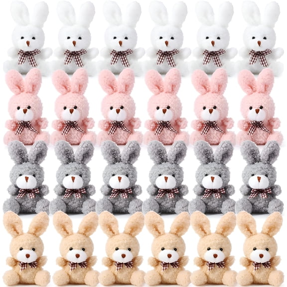 CYFW 24 Pcs Plush Bunny Stuffed Animal Bulk 4.7 Inch Mini Bunnies Keychain Doll Furry Rabbit with Bow Tie for Birthday Xmas Easter