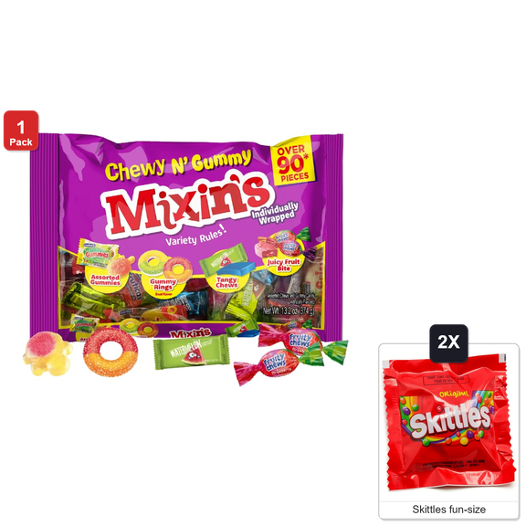 Colombina Mixins Chewy and Gummy Candy Variety Pack, Individually Wrapped Gummies and Chews, 13.2 oz, 1 Pack, with 2 Skittles Fun Size