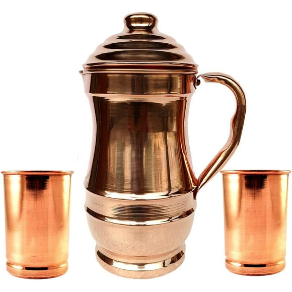 Rastogi Handicrafts Pichet en Cuivre Pur avec Ensemble de 2 Verres pour Boissons Pichet Gobelet