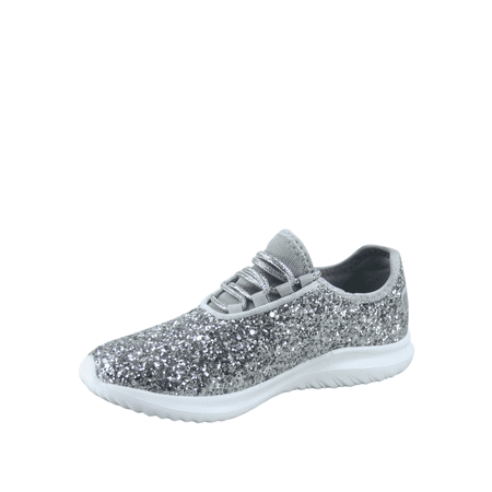 Zone1k Little Girl Big Girl Glitter Sparkle Comfort Light Weight Slip On Flat Sneaker Shoes ( Silver  11)