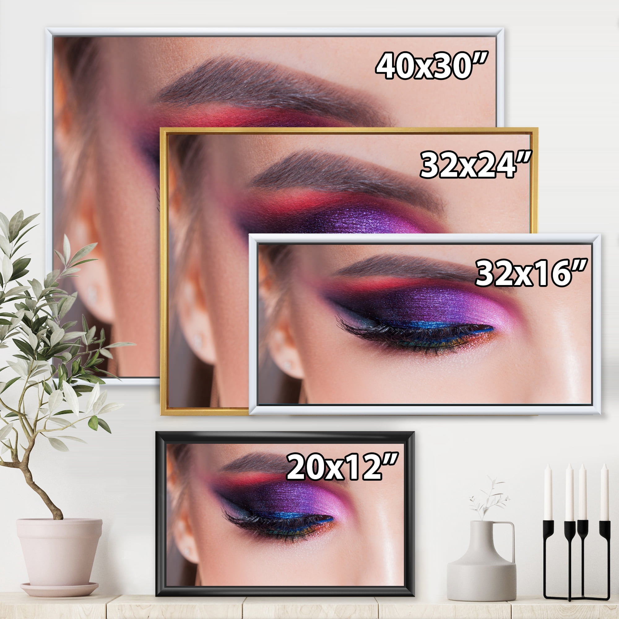 Designart 'Bright Eye Makeup In Luxurious Blue And Pink Shades' Modern Framed Canvas Wall Art Print