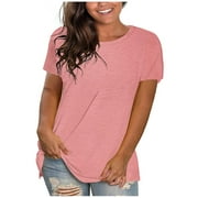 Zpanxa Summer Tops for Women Fashion Plus-Size Solid O-Neck Loose Short Sleeve T-shirt Pullover Tops Workout Shirts for Women Pink XL