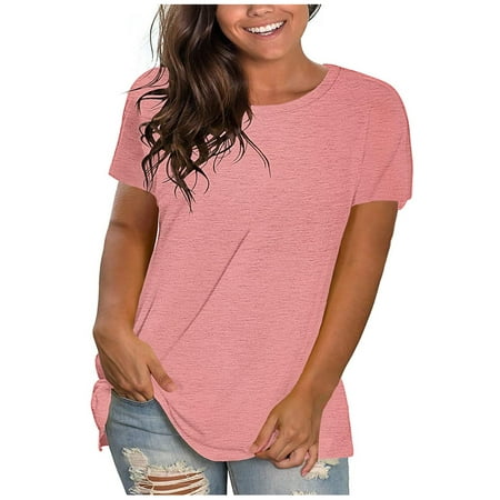 Oalirro Women's Tops, Tees & Blouses Deals Clearance Women Tops and Blouses Women's Fashion Plus-Size Solid O-Neck Loose Short Sleeve T-shirt Pullover Tops Pink
