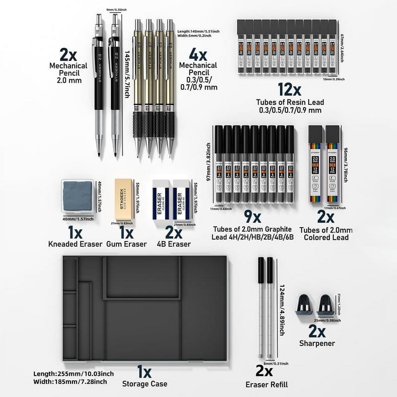 STAGEEK 37PCS Art Mechanical Pencil Set, Drafting Pencil 5 Sizes- 0.3, 0.5, 0.7, 0.9MM & 2PCS 2.0MM Mechanical Drawing Pencils with 492PCS Leads (6B 4B 2B HB 2H 4H Color) for Artist Sketching