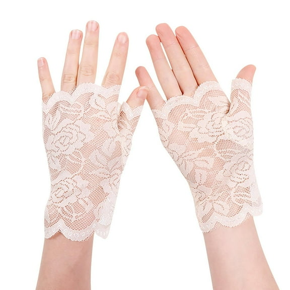 Beige Women Fingerless Lace Gloves Summer Sun Protection Driving Outdoor Sports Beige Color Ladies Thin Breathable Gloves One Pair Free Size