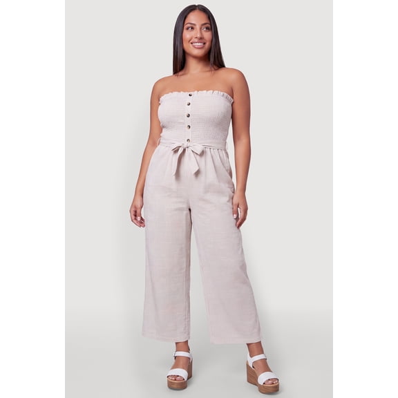Women's Plus Size Striped Strapless Jumpsuit with Tie Waist Belt