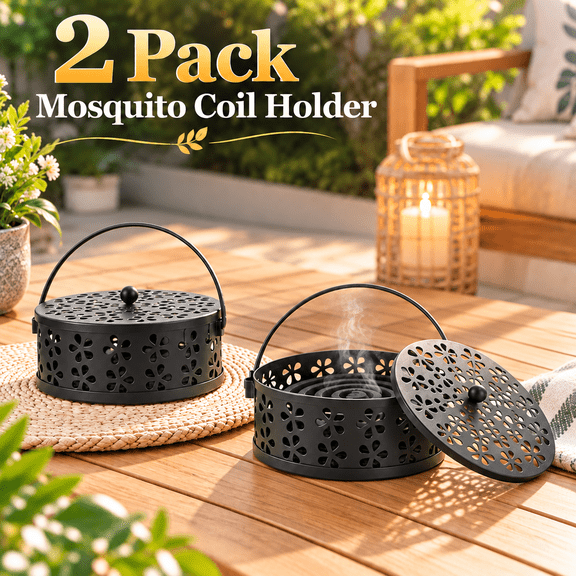 OZERA 2 Pieces Round Metal Mosquito Coil Holder, Portable Retro Hanging Incense Coil Burner with Handle, Indoor Outdoor Camping Patio Use, Black