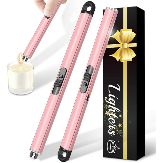 2 Pack Electric Candle Lighters, Windproof Flameless & Double Safety Lock Design, USB Rechargeable Lighter with Extended Handle, Suitable for Candles, BBQ, Camping, Gas Stove, Festivals Gift (Pink)