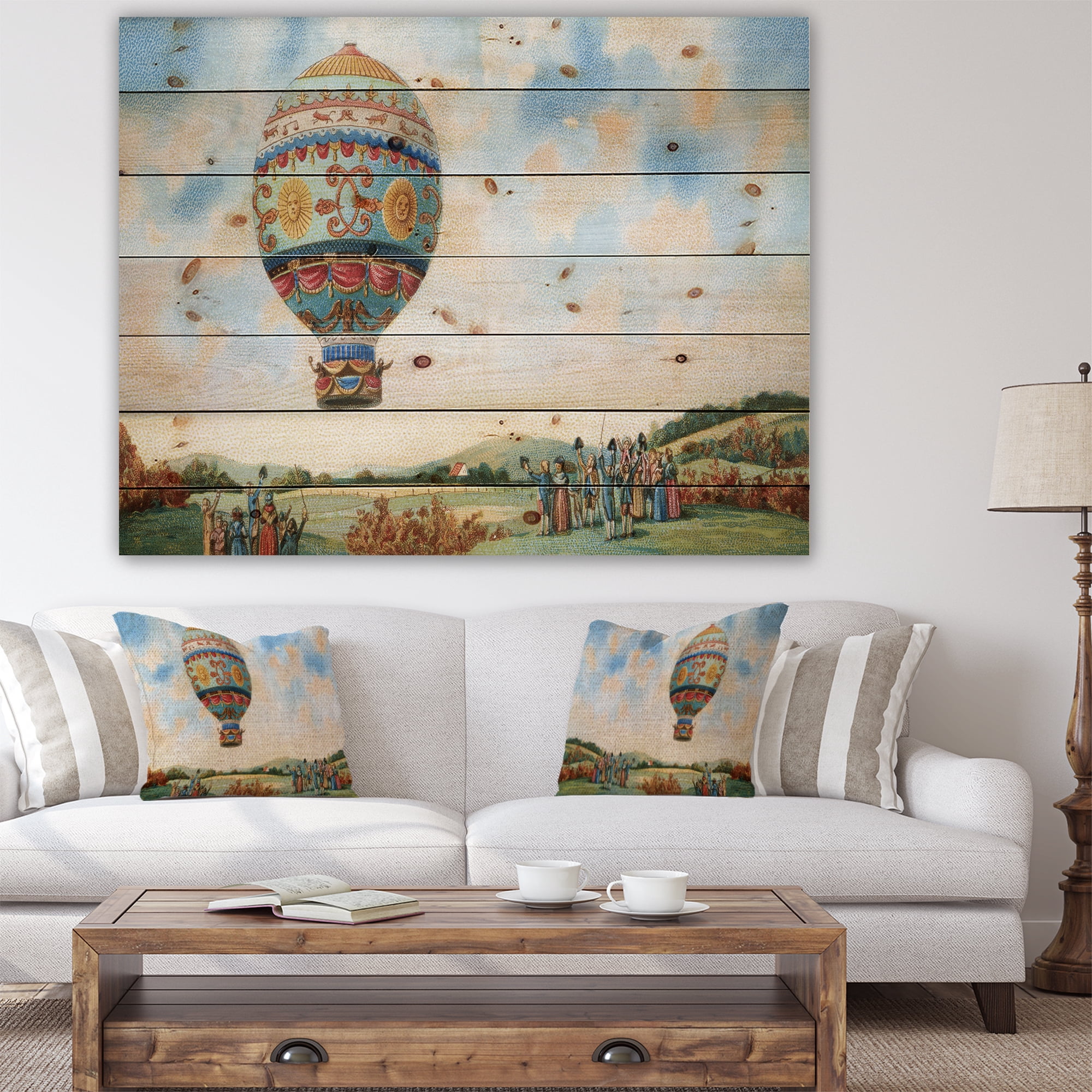 Designart 'Hot Air Balloon Illustration' Abstract Print on Natural Pine Wood