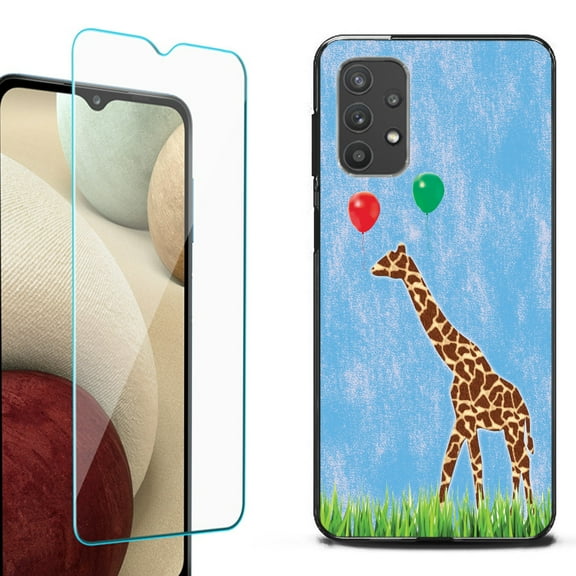 Slim-Fit Flexible TPU Gel Phone Case (black) for Samsung Galaxy A32 5G, with Tempered Glass Screen Protector, by OneToughShield ® - Giraffe/Balloon