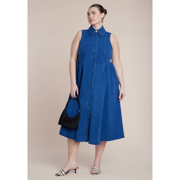 ELOQUII Women's Plus Size Sleeveless Denim Button Detail Dress