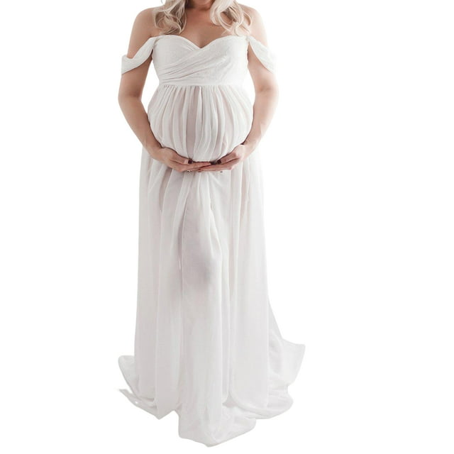 mmirethe Robe de Maternité pour Photographie, Épaules Dénudées, Robe Longue en Mousseline, devant Maxi, Grossesse, Longues Robes pour Femmes, Accessoire de Séance Photo, Prise de Vue, Blanc m