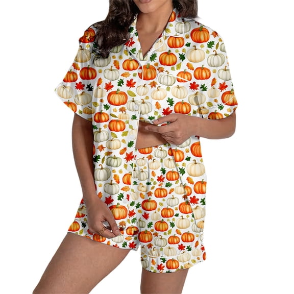 Trendfront Womens Halloween 2 Piece Pajama Set Notched Collar Short Sleeve Button Front Harvest Pumpkin Leaf Print Elastic Waist Fall Cozy Sleepwear