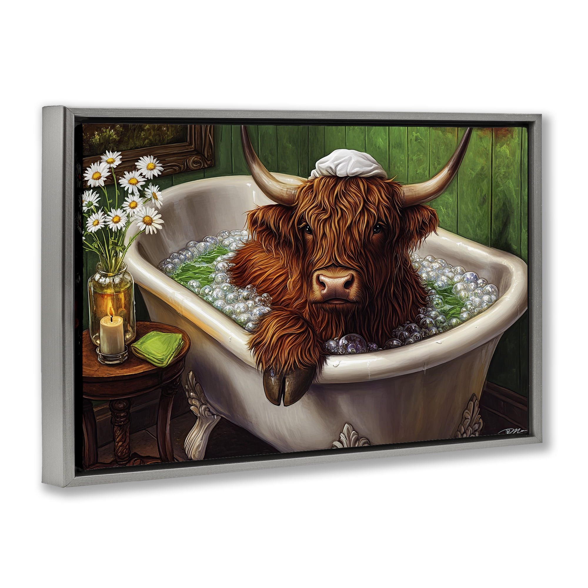 Highland in Candle Lit Bubble Bath Gray Framed Floater Canvas Wall Art, design by Momart