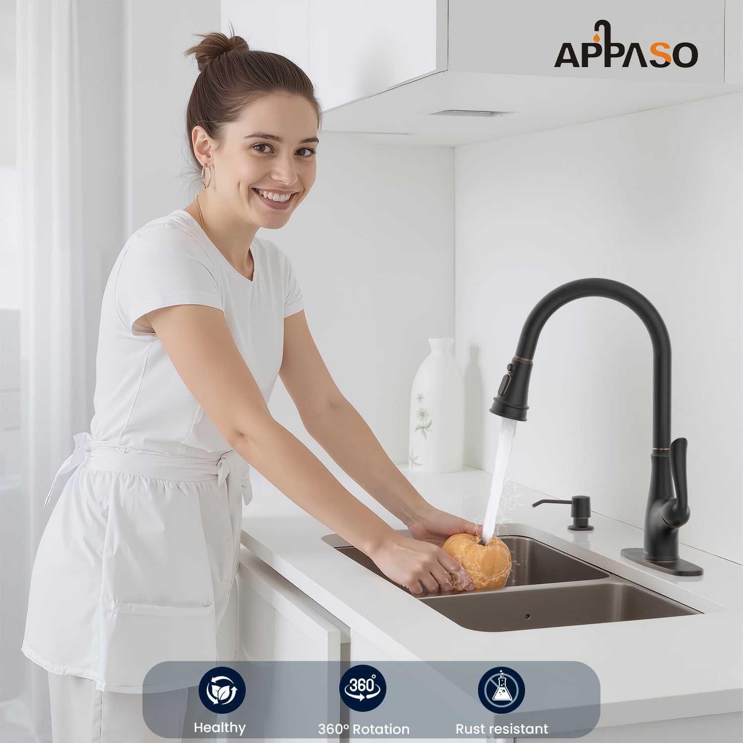 APPASO Oil Rubbed Bronze Kitchen Faucet, Stainless Steel Oil Rubbed Bronze High Arc Pull Out Kitchen Sink Faucets with Deck Plate and Soap Dispenser