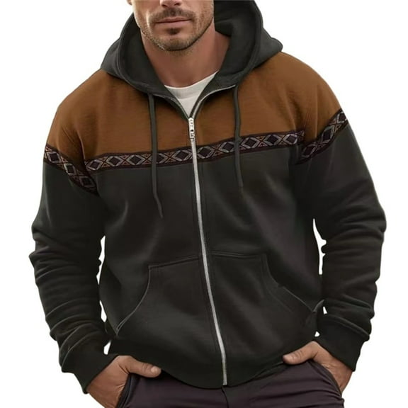 Dresfit Patchwork Hoodies Mens Zip Up Western Aztec Pullover Fall Winter Drawstring Kangaroo Sweatshirts Hooded Oversized Zipper Cowboy Hoodie Black XL