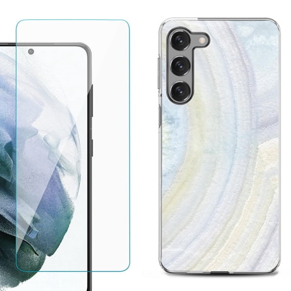 Shockproof Fashion Phone Case for Samsung Galaxy S23  / S23 Plus 5G, with Tempered Glass Screen Protector, by OneToughShield ® - Marble / Rainbow