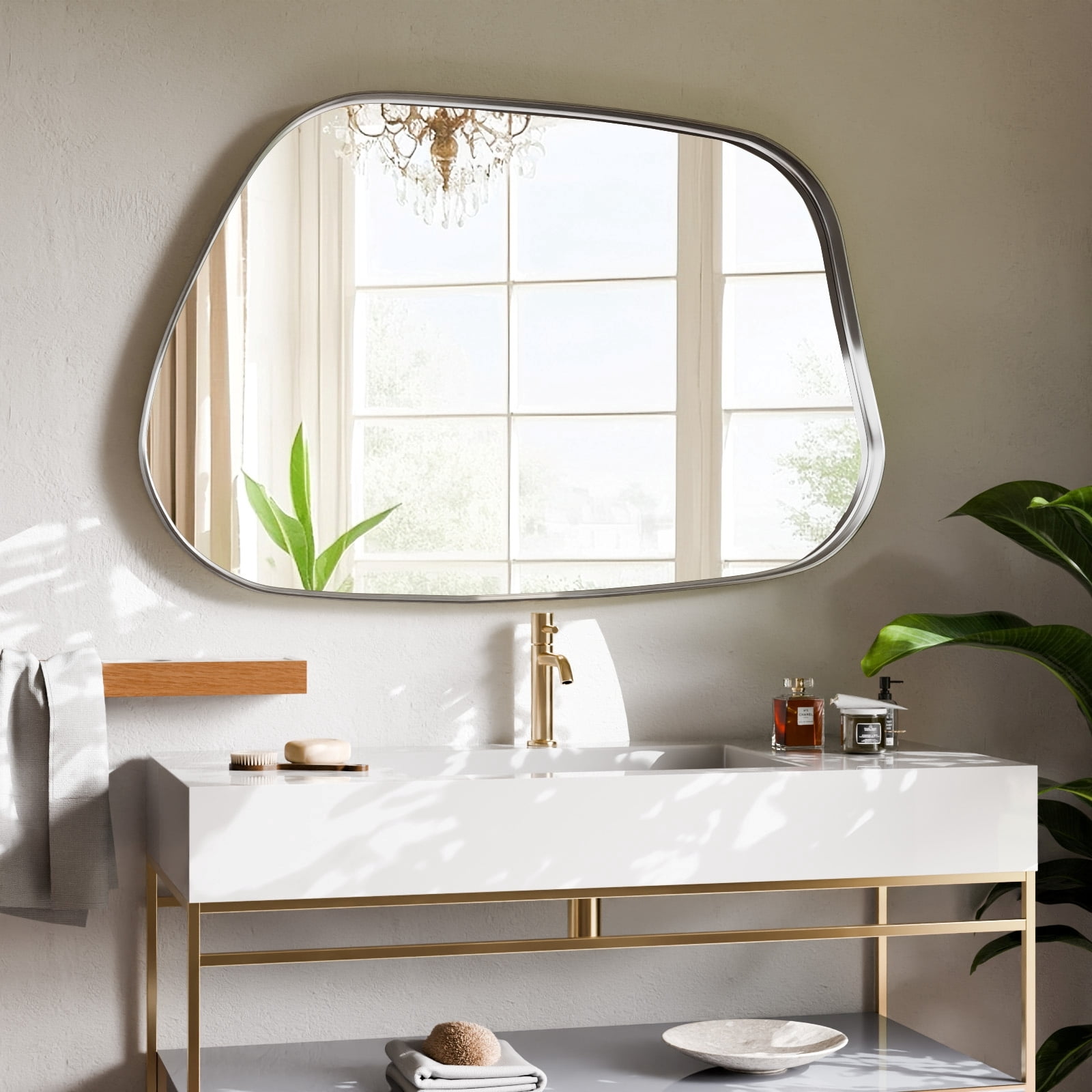 Gleamira 40"x26" Irregular Wall Mirror Bathroom Mirror with Metal Frame Wall Decor Mirror, Silver