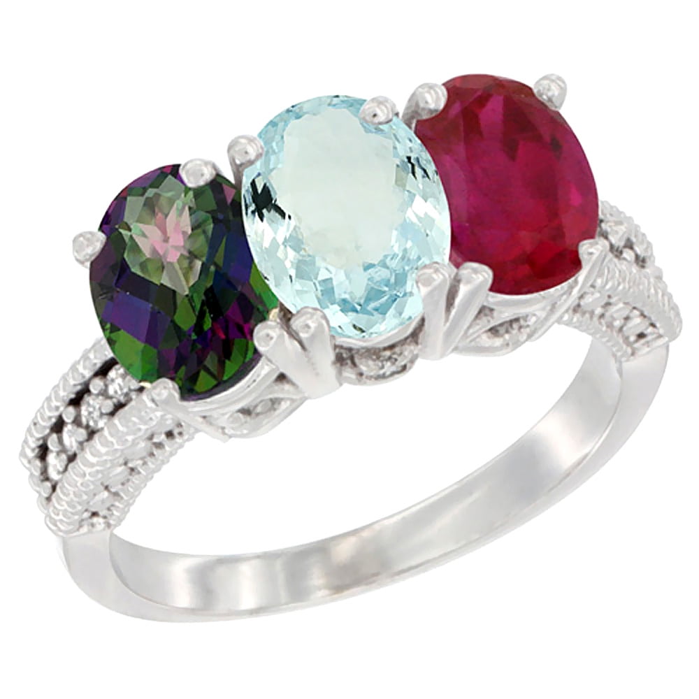 10K White Gold Natural Mystic Topaz, Aquamarine & Enhanced Ruby Ring 3-Stone Oval 7x5 mm Diamond Accent, sizes 5 10 by WorldJewels