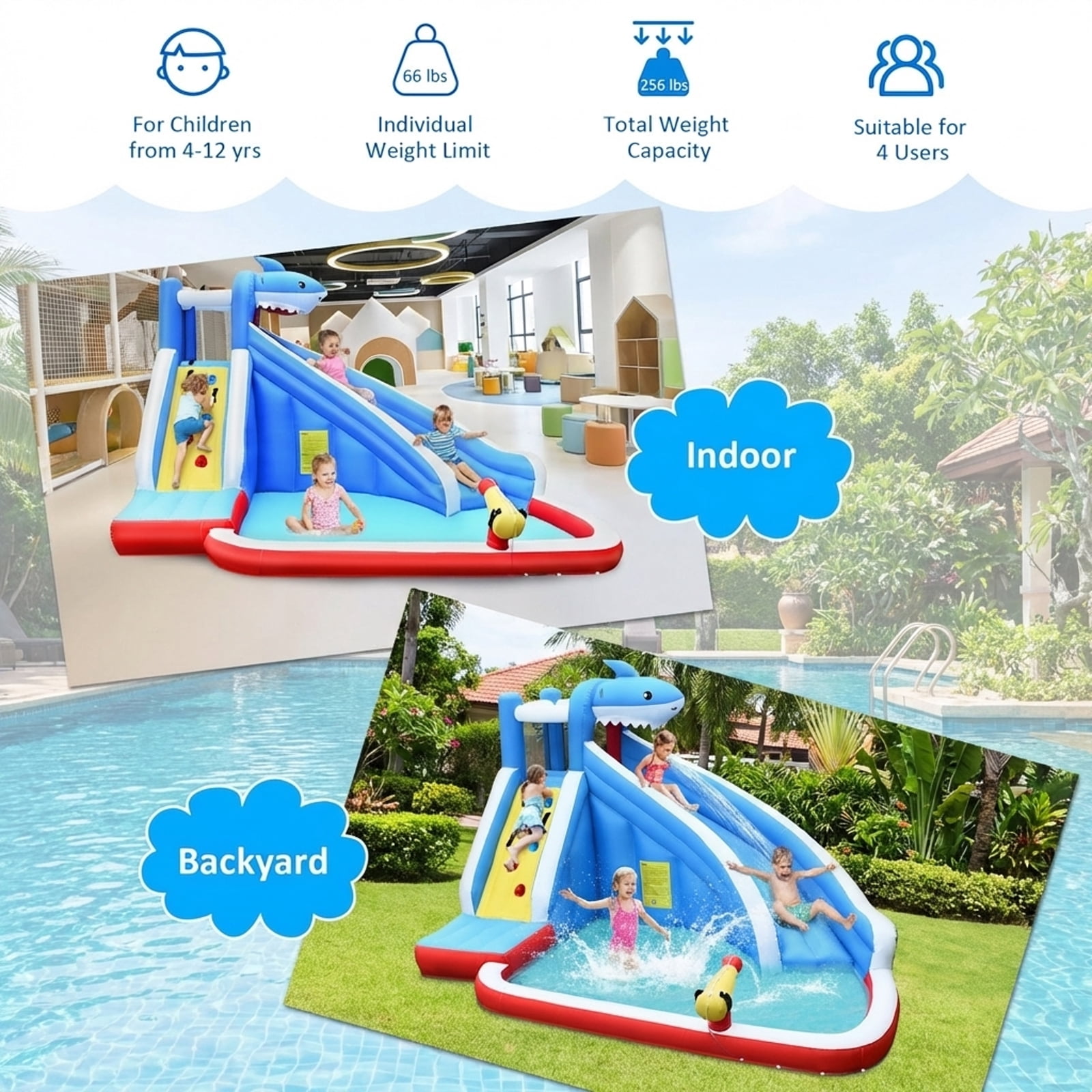 Redsmile Inflatable Shark Bounce House with Water Slide and Climbing Wall without Blower - Multicolor