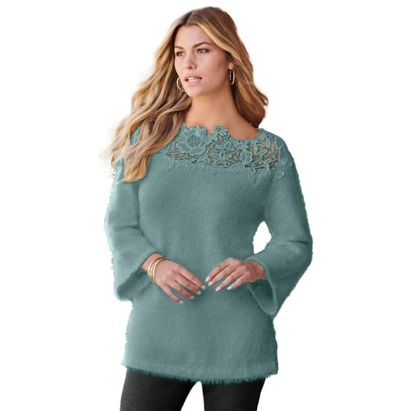 Roaman's Women's Plus Size Eyelash Lace Neck Sweater