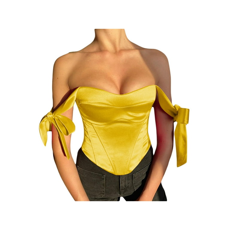 Women Off Shoulder Corset Top Elegant Satin Blouse Boned