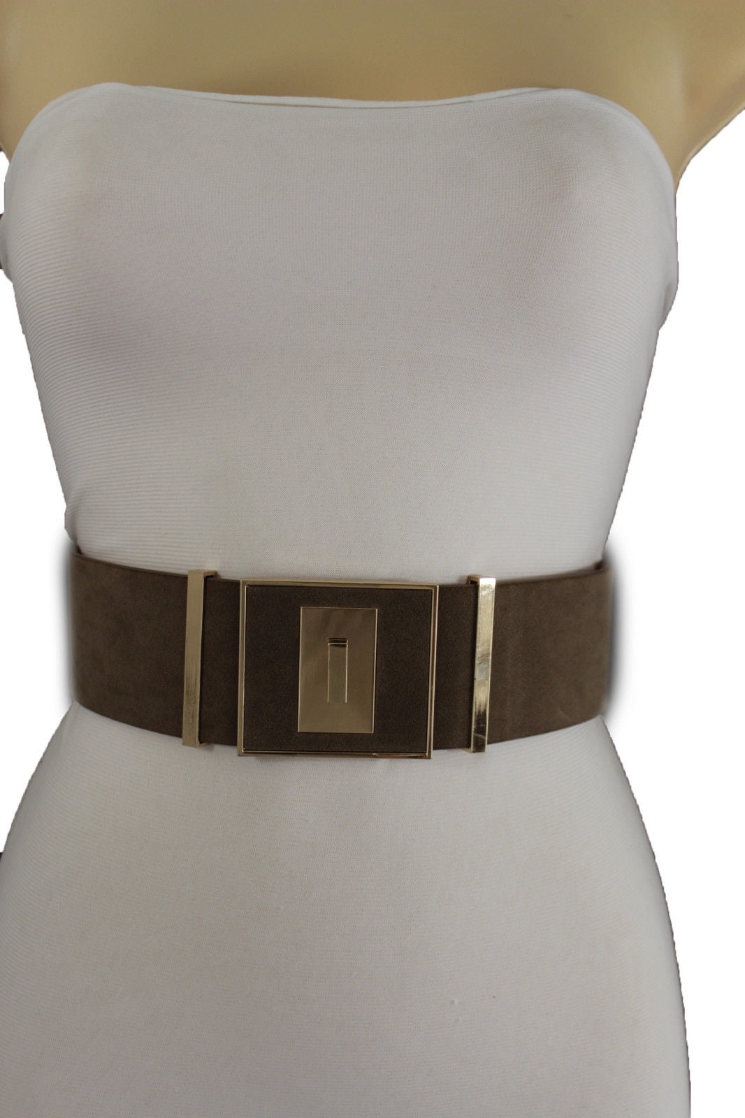 New Women Wide Fashion Belt Blue Faux Suede Leather Gold Metal Square Buckle S M 