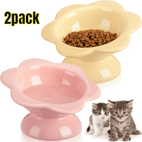 2 pcs Ceramic Raised Cat Bowls 7 oz Flower Shaped Cat Food Dish Stress Free on Neck and Spine Dishwasher Safe Feeding Bowls for Small Kitten