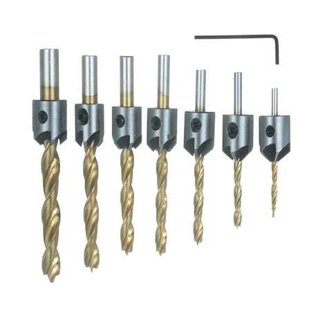 

Tomshoo 8Pcs Woodworking Chamfer Drilling Tools Set Including 7Pcs Three-Point Countersink Drill Bits + L- High Speed Steel Woodworking Bits Set Titanium Plated Drilling Bits for Wood Drilling