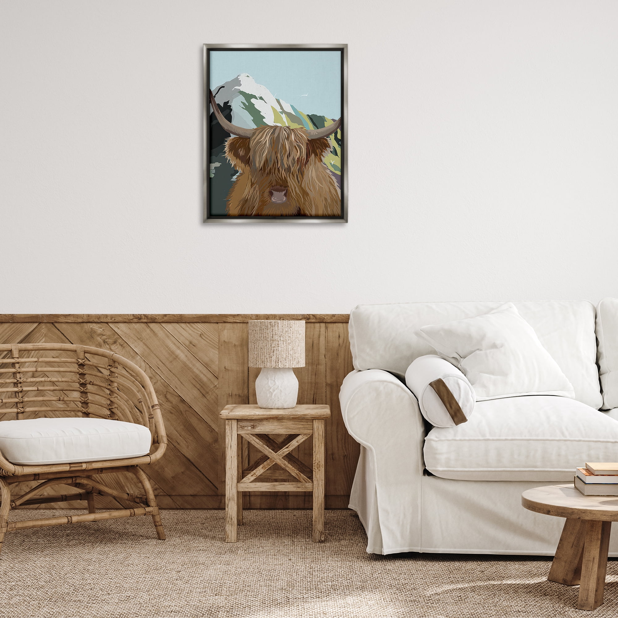 Stupell Industries Mountain Cattle Scene Animals Painting Gray Floater Framed Canvas Art Print Wall Art, 25 x 31
