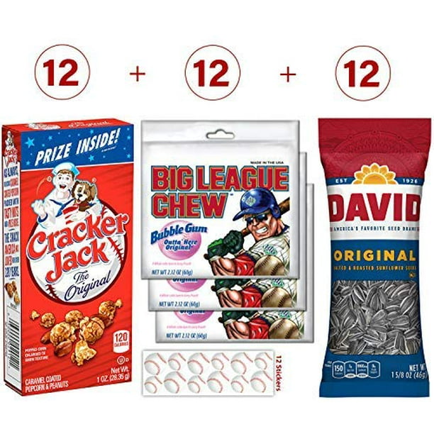 36 Baseball Snacks - 12 Each - 12 Cracker Jack Boxes (1 oz), 12 Big League Chew Bubble Gum (2.12 oz), 12 David Sunflower Seeds (1.625 oz). Also ...