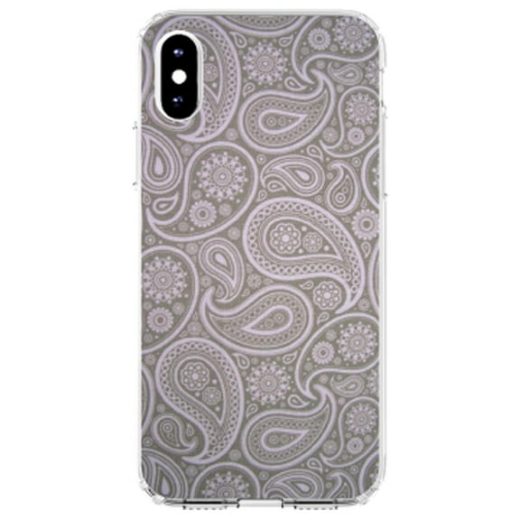 DistinctInk Clear Shockproof Hybrid Case for iPhone XR (6.1" Screen) - TPU Bumper, Acrylic Back, Tempered Glass Screen Protector - Grey Black Paisley