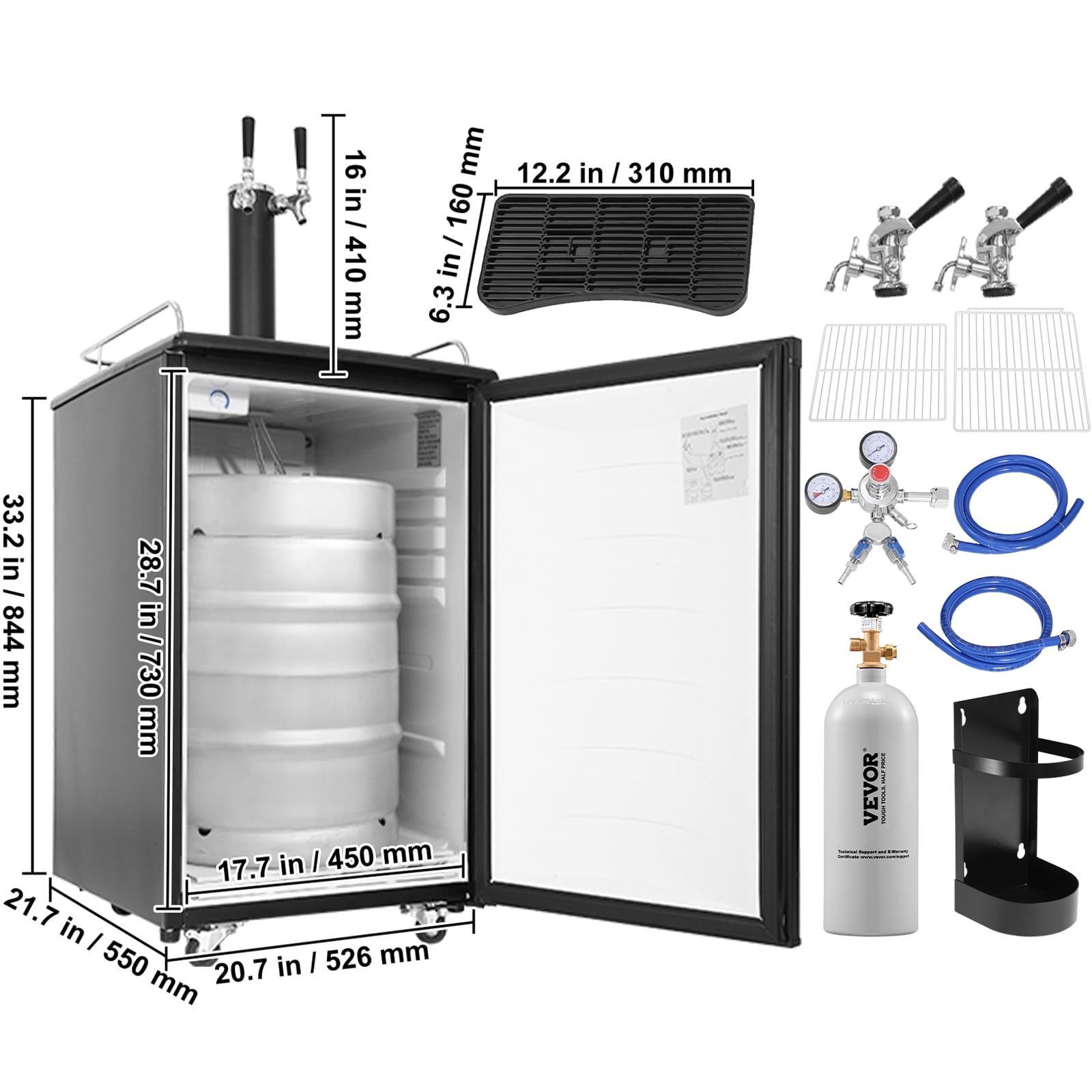 VEVOR Beer Kegerator, Dual Tap Draft Beer Dispenser, Full Size Keg Refrigerator with CO2 Cylinder, Shelves, Drip Tray & Rail, 32°F- 50°F Temperature Control, Hold 1/6, 1/4, 1/2 Barrels, Black