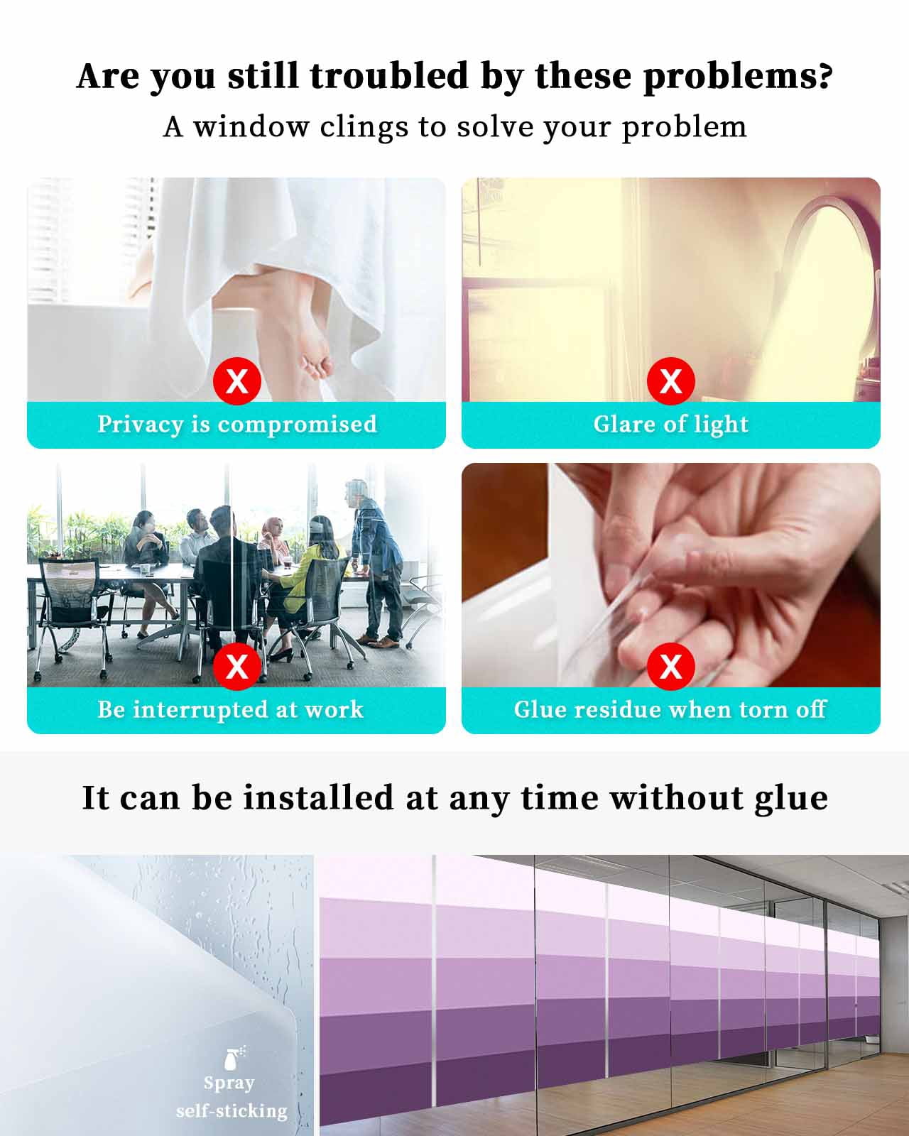 Window Privacy Film, Ombre Purple Grey UV Sun Blocking Window Tint Film Heat Control One Way Blackout Window Film, Simple Modern Farmhouse Stripes Non Adhesive Static Cling Window Sticker 23.6x59 In